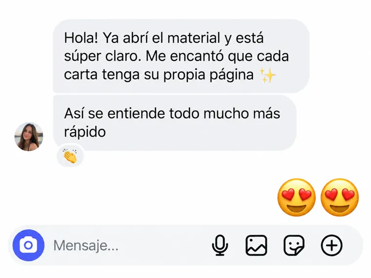 Mensaje: ya abrí el material y está súper claro, me encantó que cada carta tenga su propia página